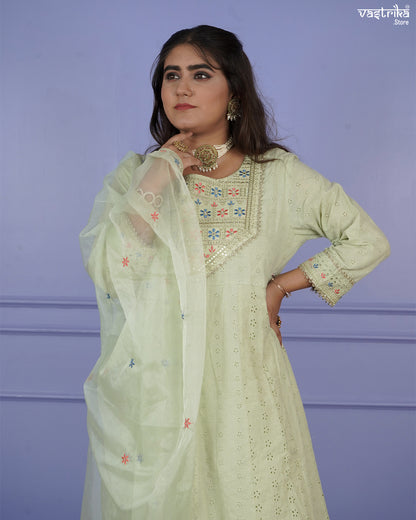 Chikankari Frock-Style Kurti Set with Embroidered Dupatta