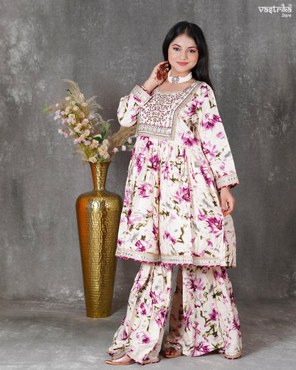 Purple Ryon Cotton Kurti with Sharara & Dupatta