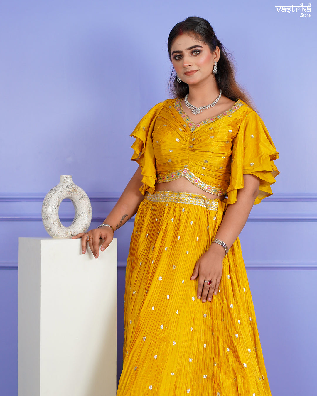 Mustard Chinon Crop Top with Skirt Set