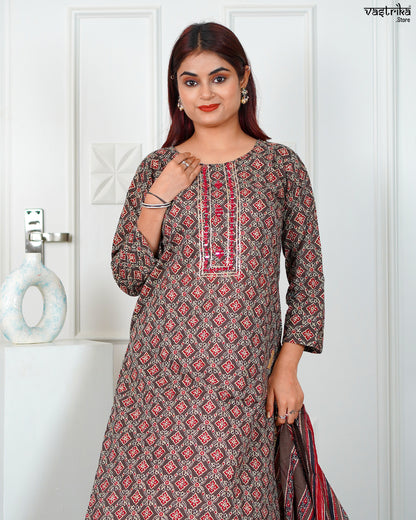 Brown Cotton Printed Kurti Set with Mirror & Thread Work