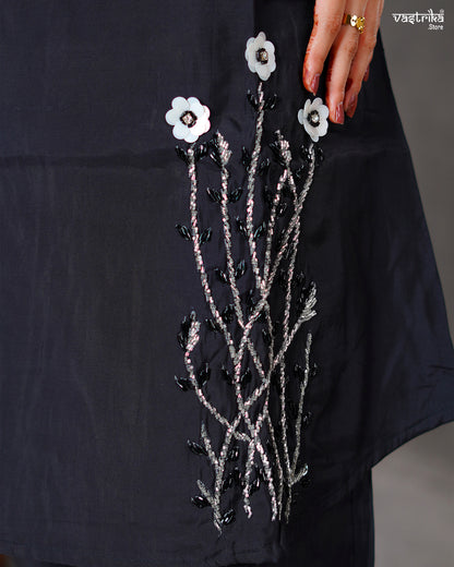 Black Roman Silk Coord Set with Katdana Work