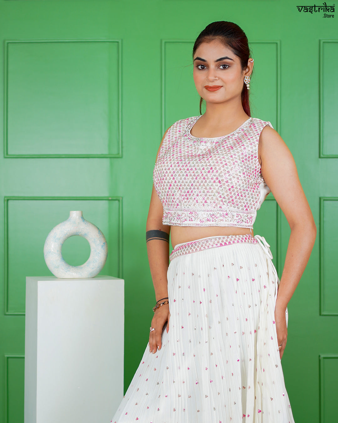 Off-White Georgette Crop Top with Skirt Set