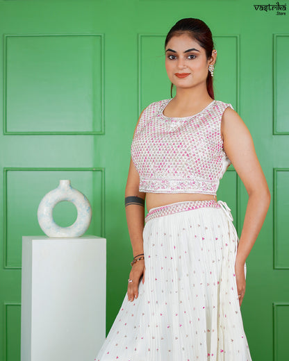 Off-White Georgette Crop Top with Skirt Set
