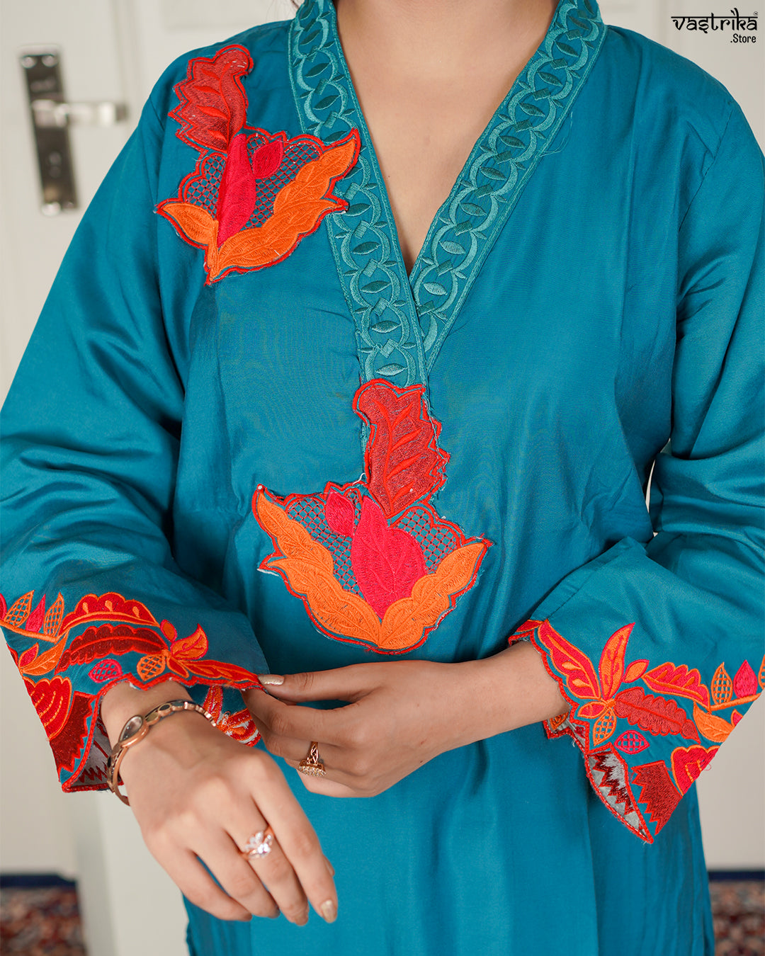 Firozi Roman Silk Coord Set with Thread Work