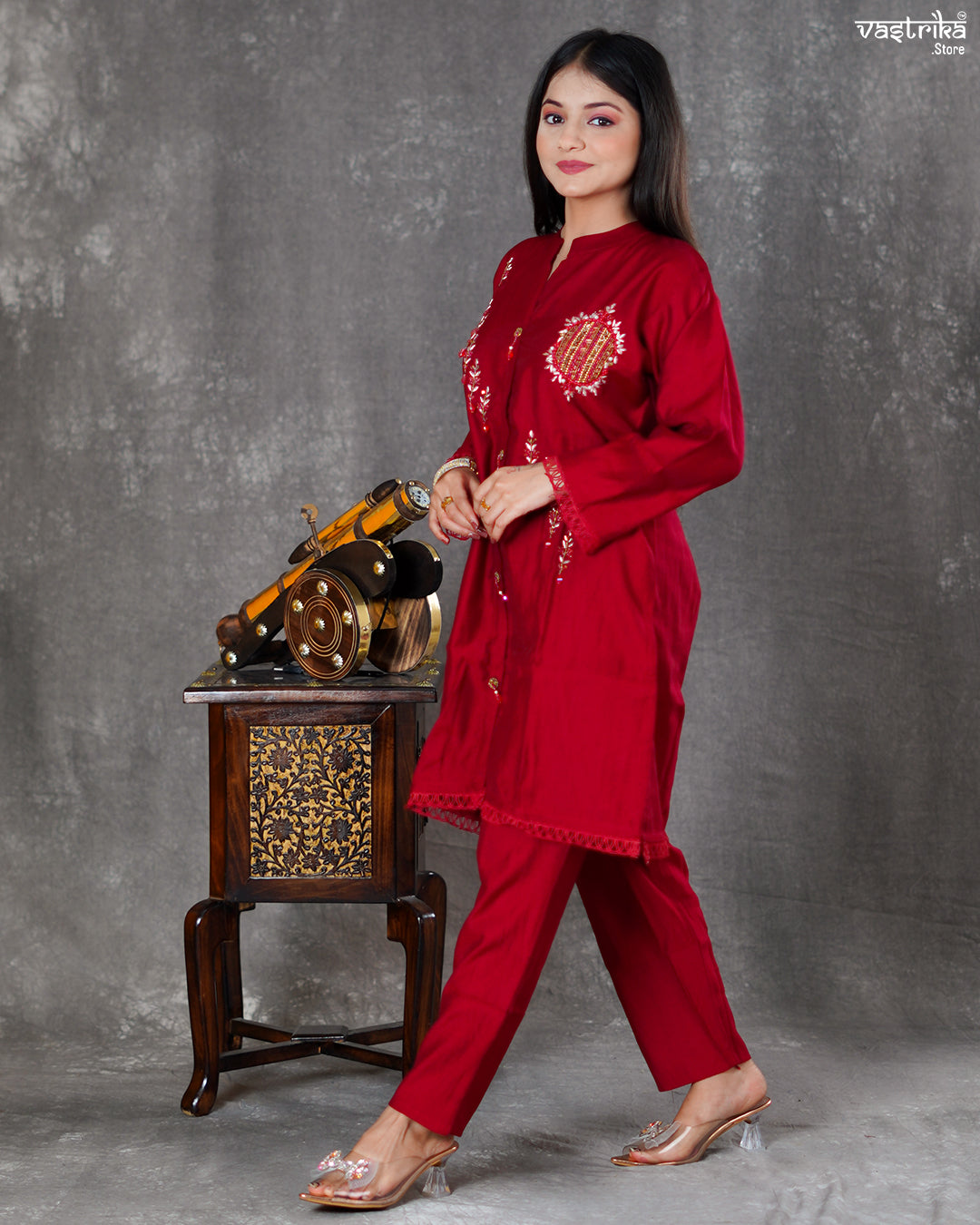 Maroon Silk Coord Set with Handworked Collar