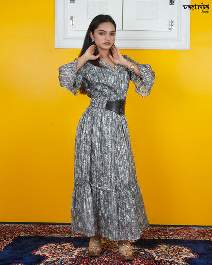 Organza One-Piece Frock with V-Neck & Mirror Work