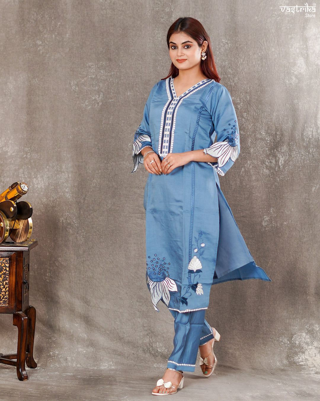 Roman Silk Kurti Set with Lace Work