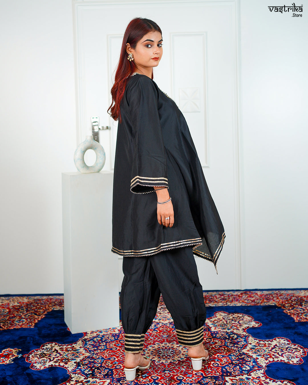 Black Roman Silk Kurti Set with Lace Work