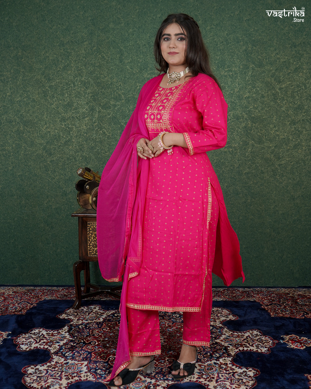 Resham & Thread Work Kurti Set with Block Print Pants