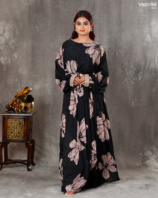 Black Chiffon Short Top with Skirt – Digital Print & Handwork