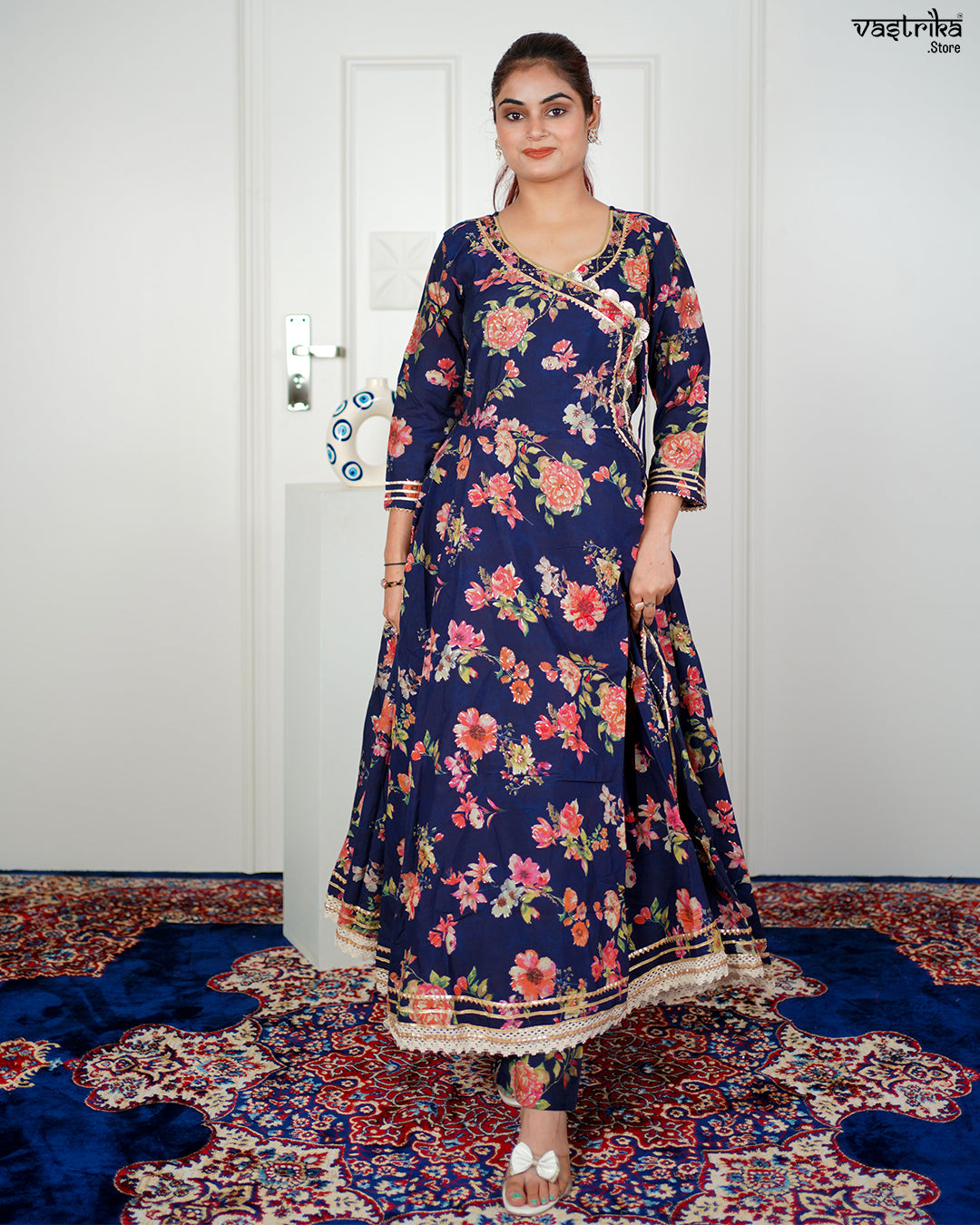 Navy Maslin Angrakha Frock Set with Gotti Pata Work