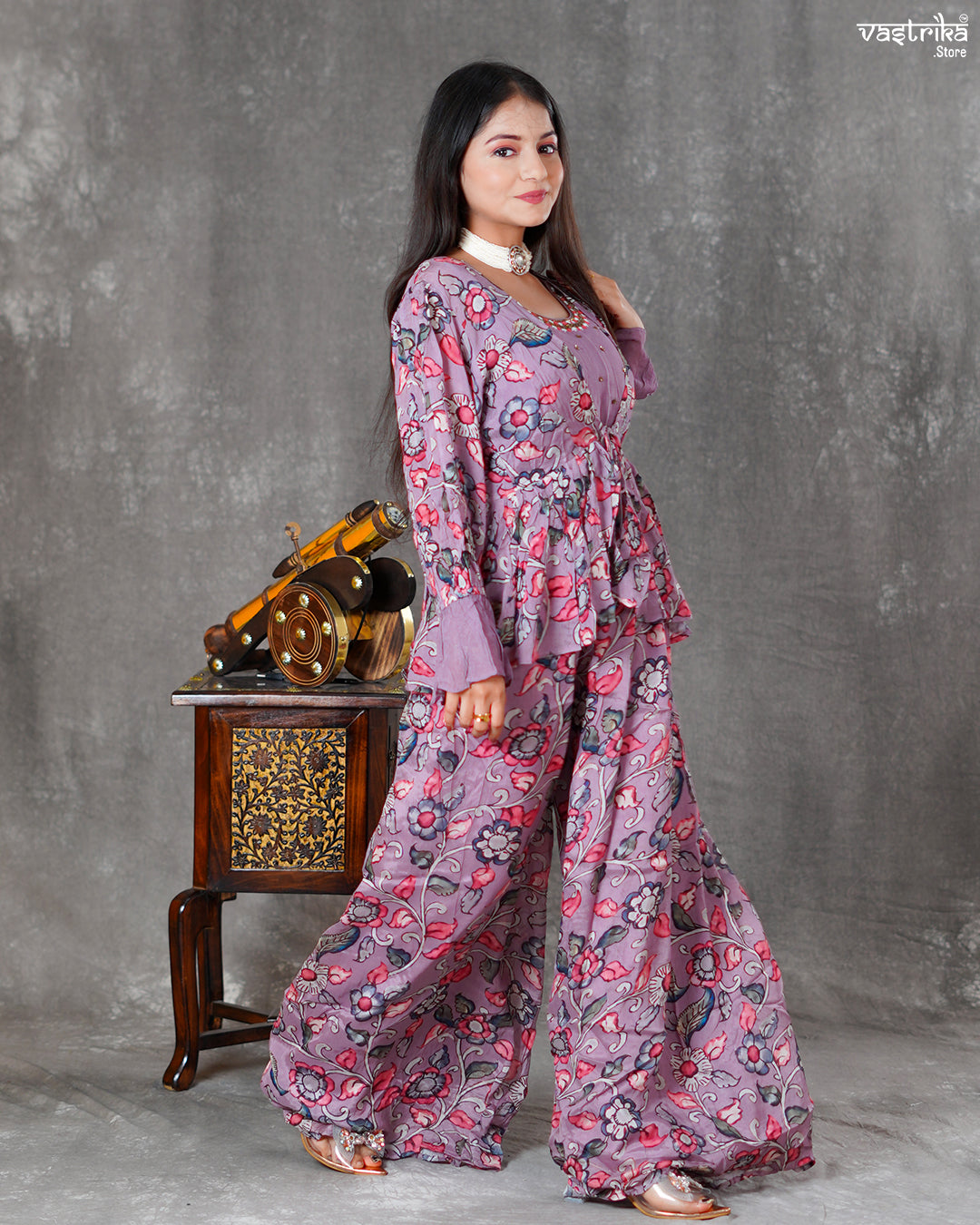 Purple Chinon Silk Short Top with Palazzo & Printed Shrug