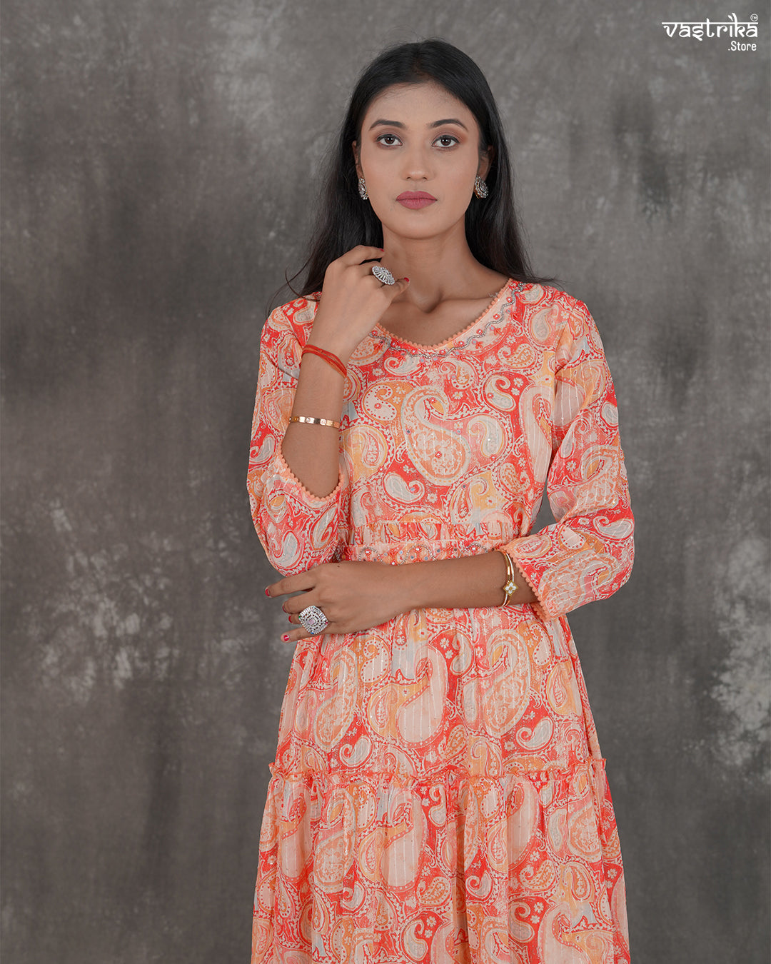 One-Piece Georgette Frock with Handworked Sequin Neckline & Belt
