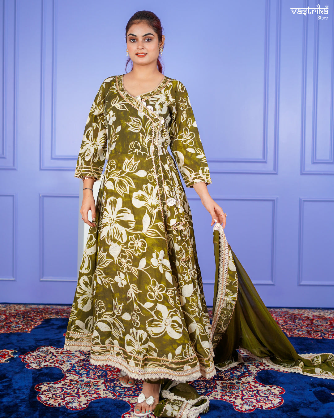 Mehndi Maslin Angrakha Frock Set with Gotti Pata Work