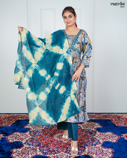 Firozi Maslin Aalia Cut Frock Set with Embroidered Dupatta