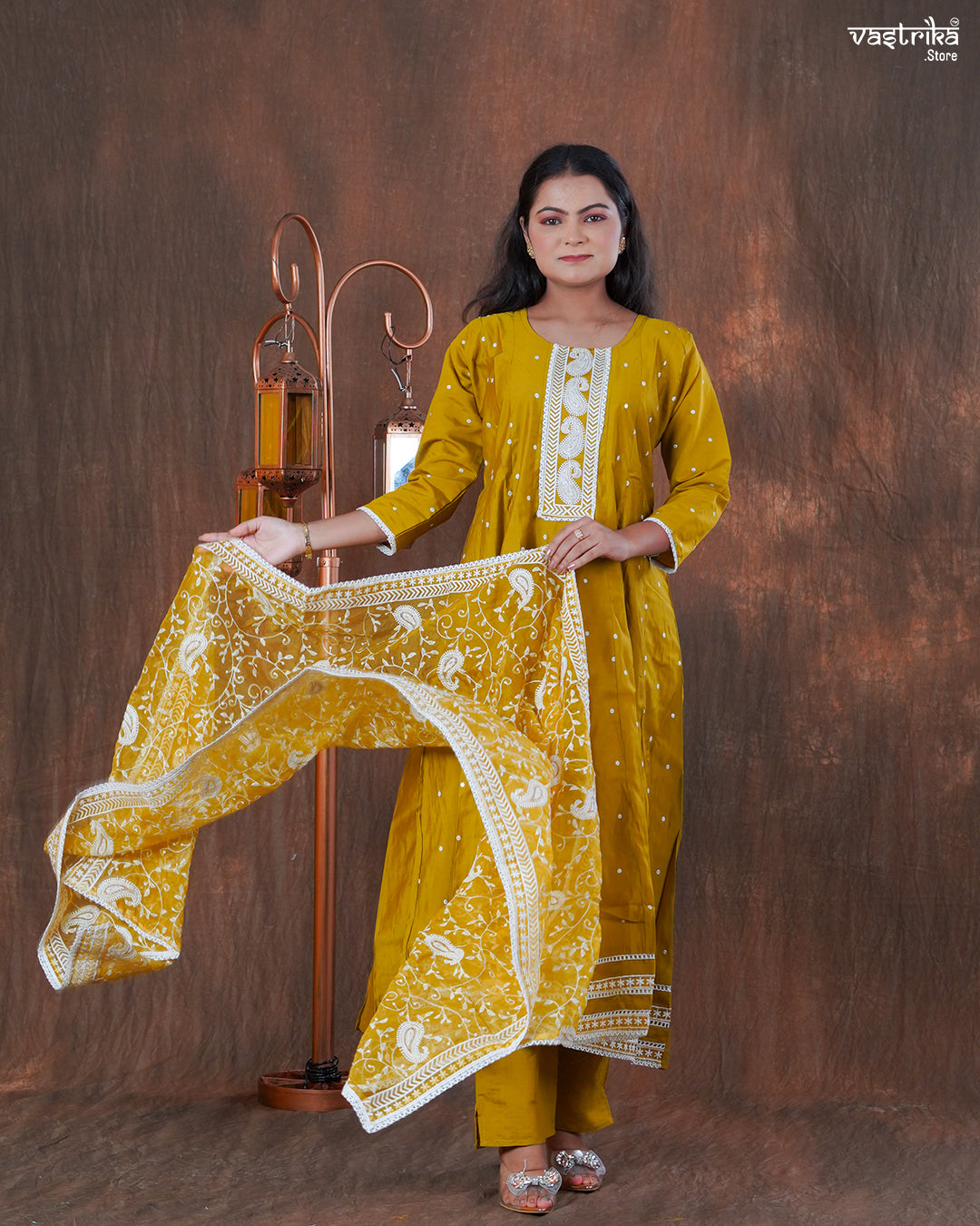 Roman Silk Frock Set with Resham & Lace Work