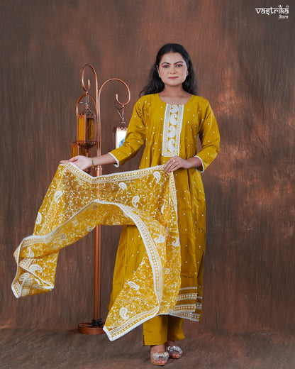 Roman Silk Frock Set with Resham & Lace Work