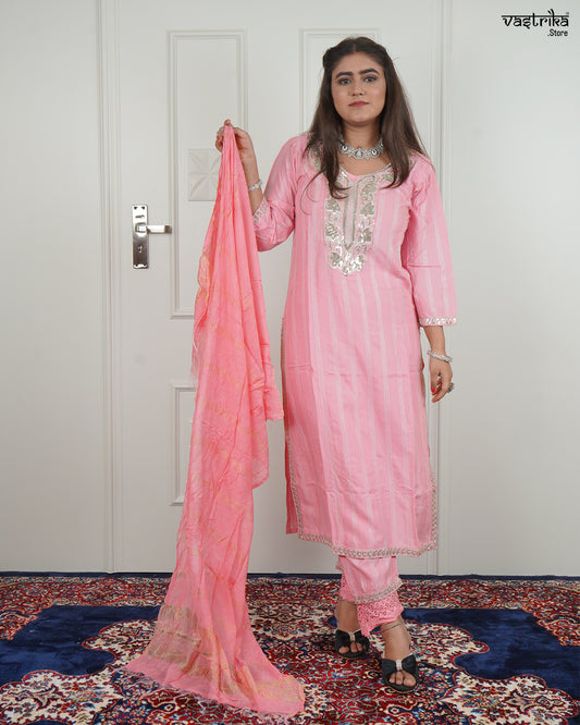 Hand Jari Thread Work Kurti Set with Lace Border Bottom