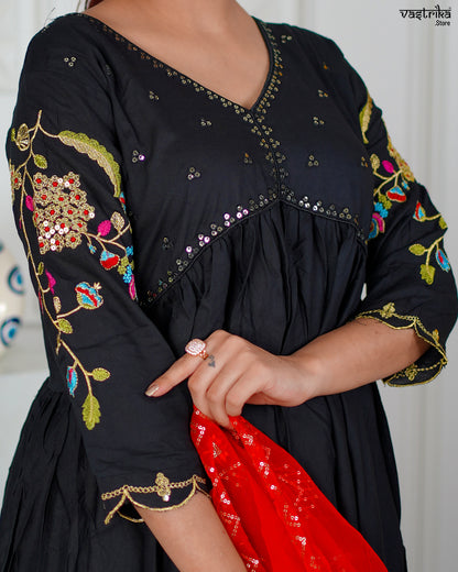 Black Ryon Cotton Aalia Cut Frock Set with Sequence & Resham Work