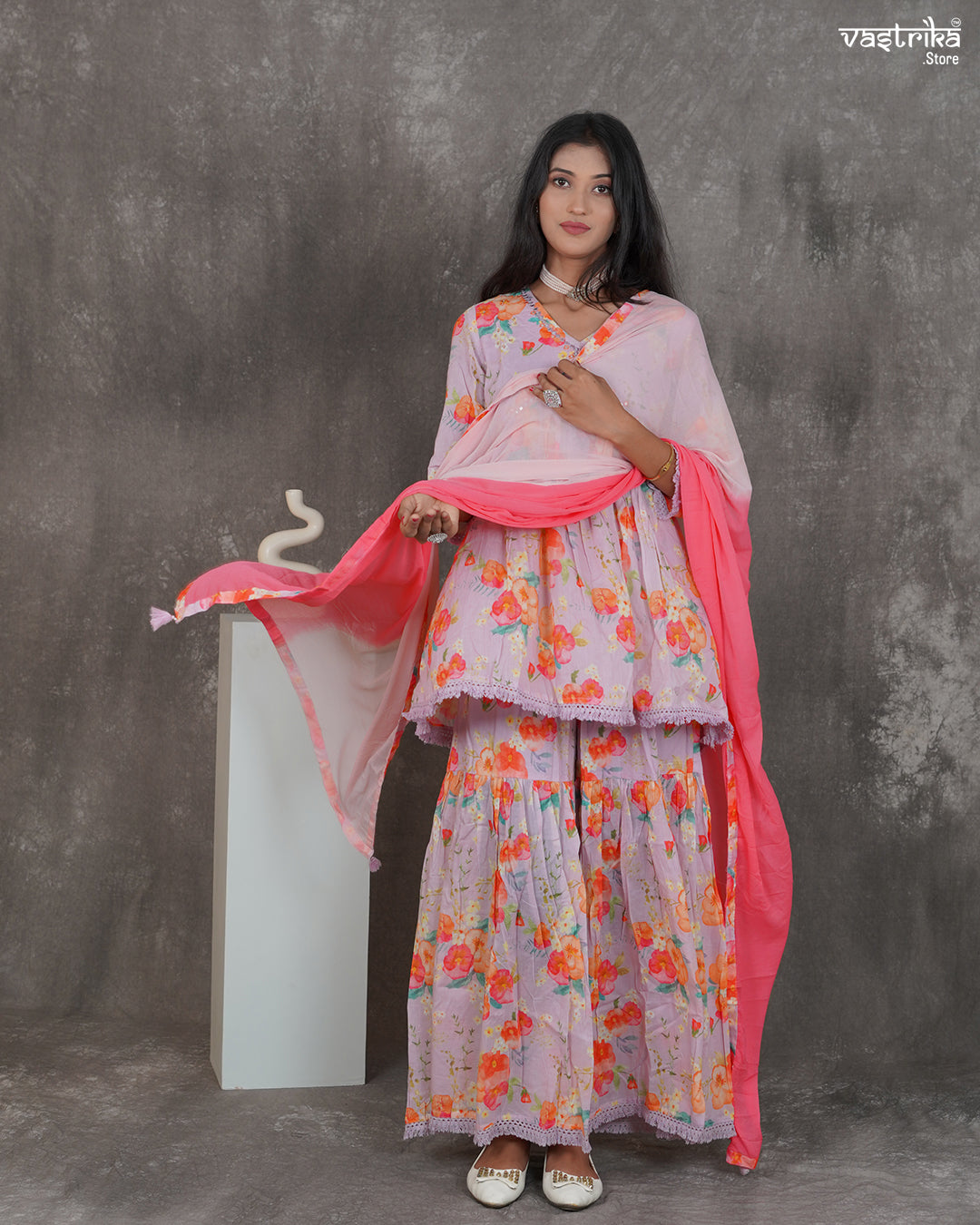 Alia-Cut Kurti & Printed Sharara Set with Resham Work Dupatta