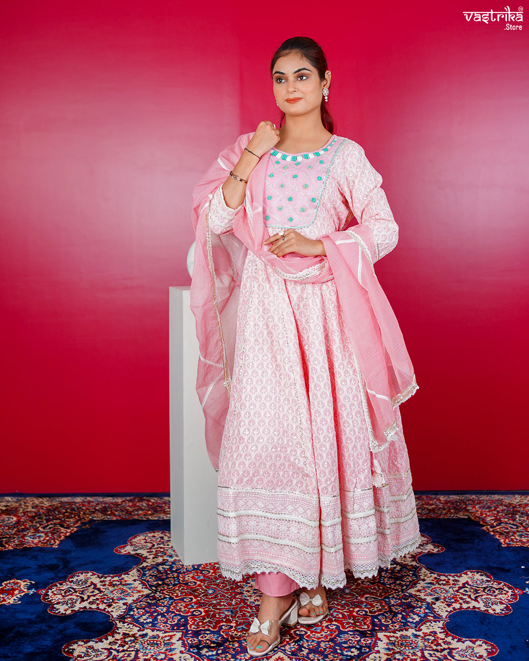 Pink Cotton Frock Set with Lace & Handwork