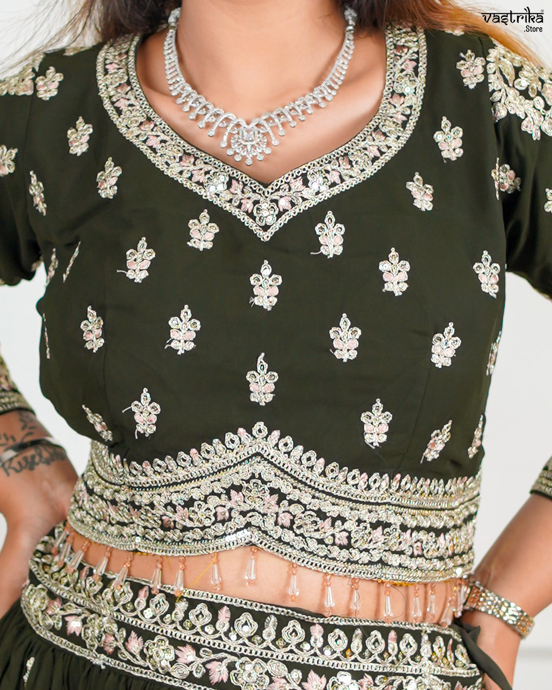 Mehndi Georgette Crop Top with Skirt Set