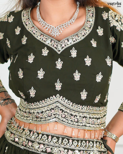 Mehndi Georgette Crop Top with Skirt Set