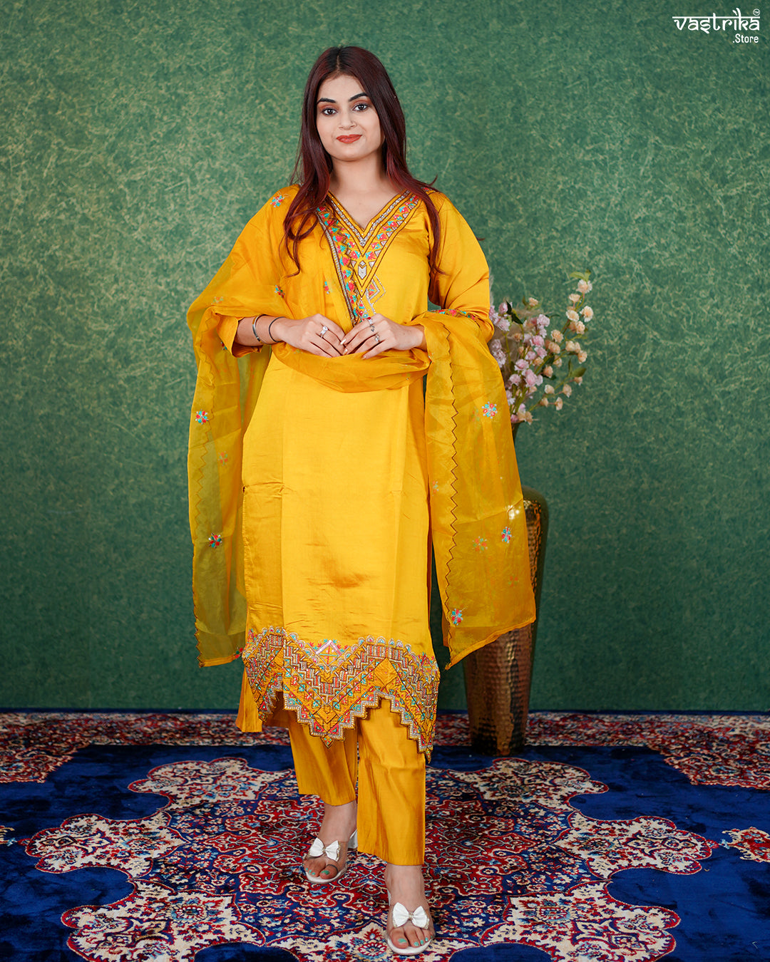 Mustard Roman Silk Kurti Set with Katdana & Thread Work