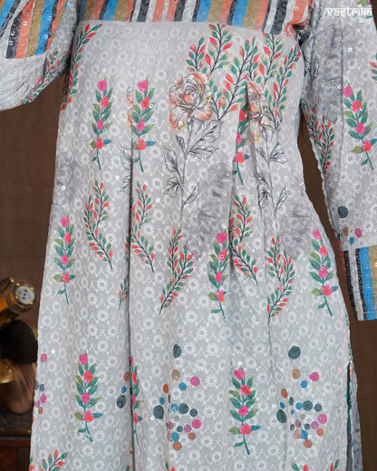 Cotton Frock Set with Chikan Work and Printed Chanderi Dupatta