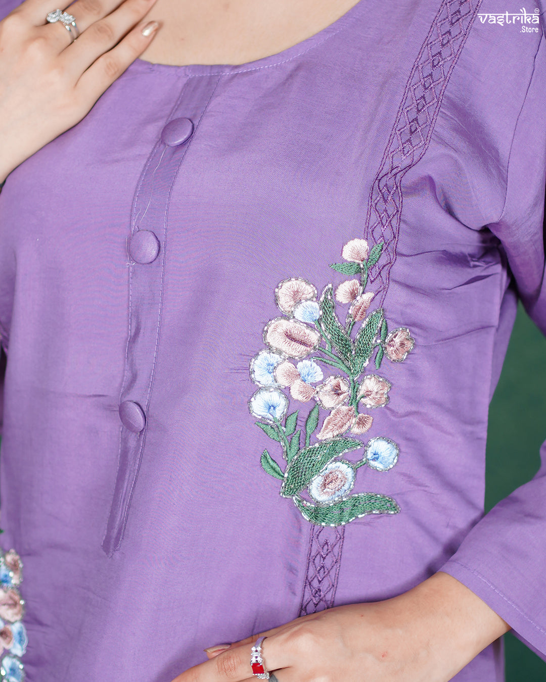Purple Roman Silk Kurti Set with Thread & Handwork