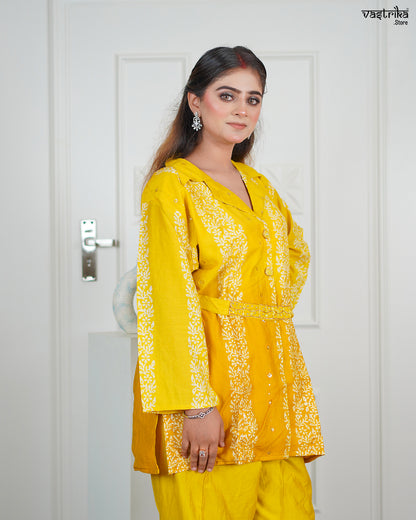 Yellow Silk Coord Set with Kadhai & Sequence Work