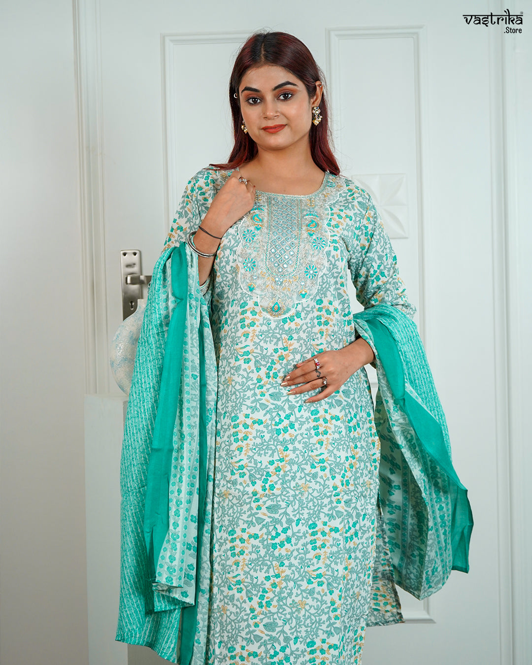 Sea Green Cotton Printed Kurti Set with Jari Work