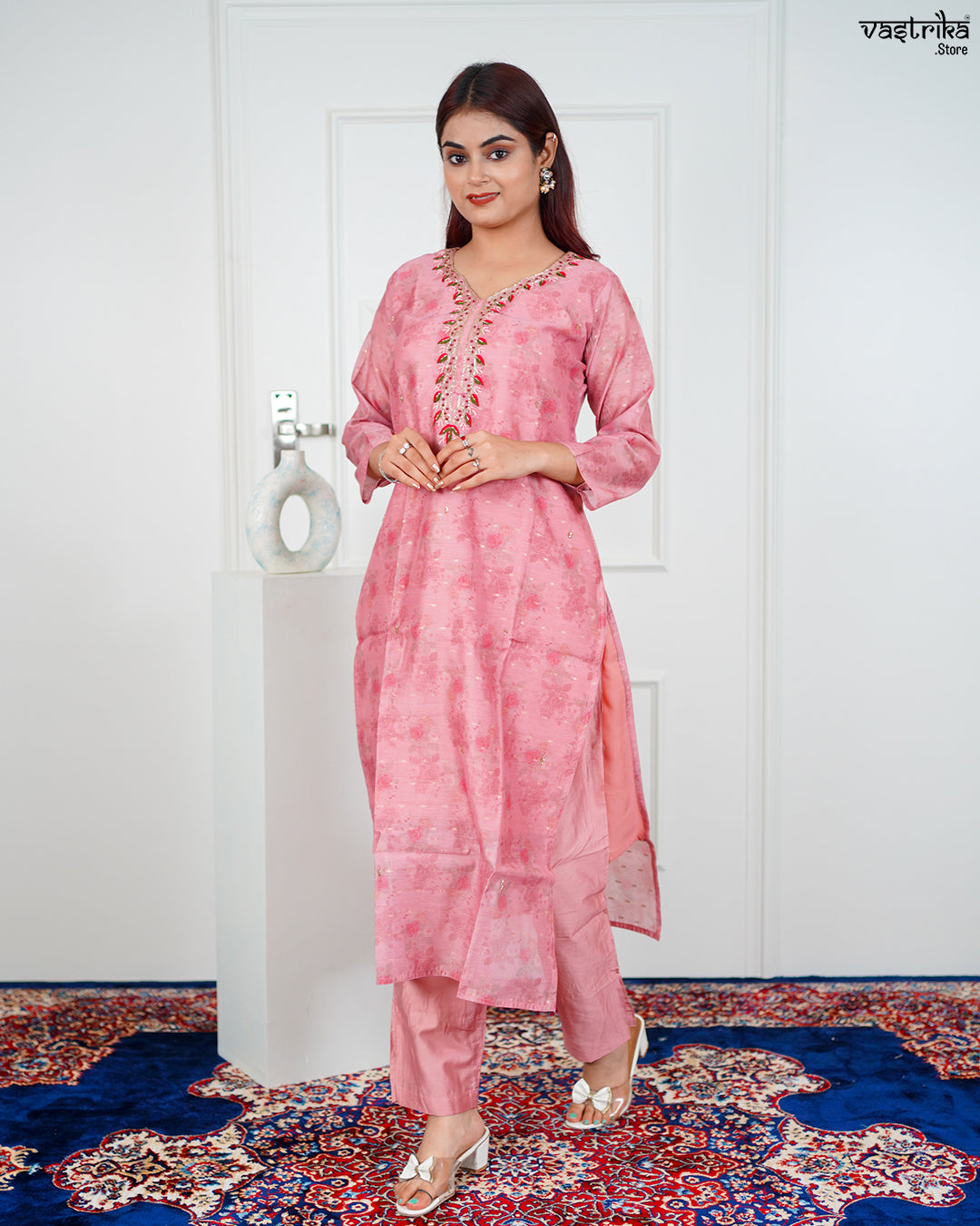 Gajri Chanderi Silk Kurti Set with Banarasi Printed Dupatta