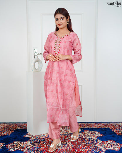 Gajri Chanderi Silk Kurti Set with Banarasi Printed Dupatta