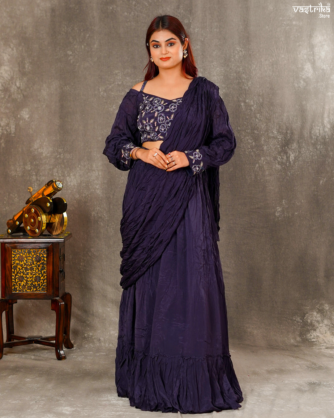 Dark Purple Chiffon Stylish Drape Saree with Skirt