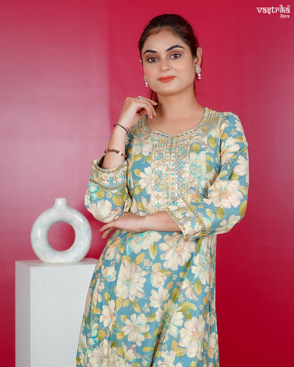 Firozi Maslin Frock Set with Jari & Sequence Work