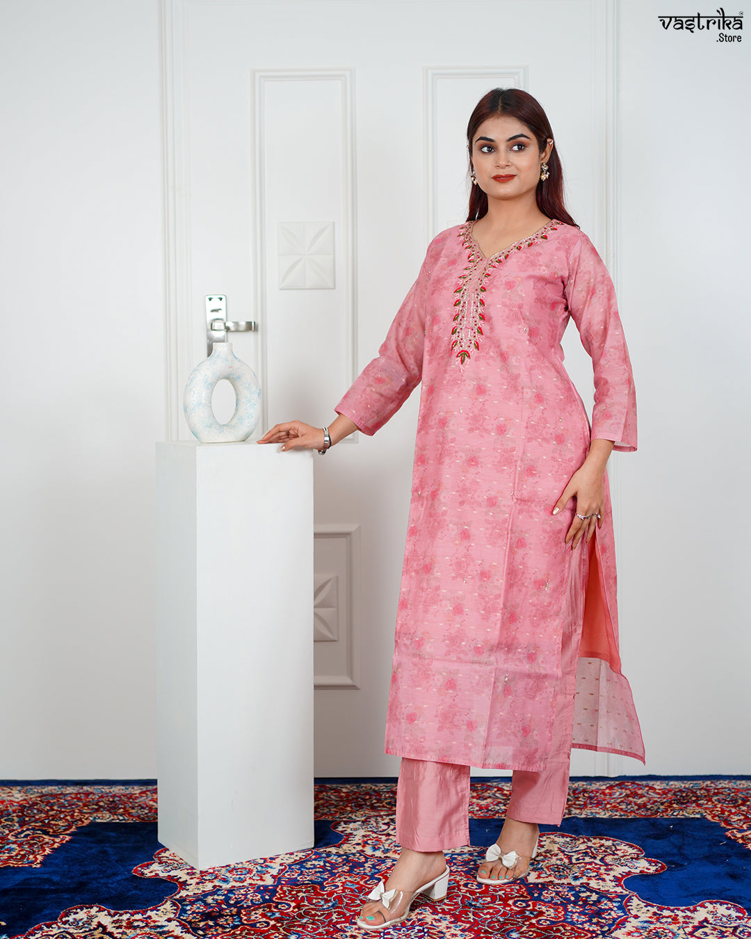 Gajri Chanderi Silk Kurti Set with Banarasi Printed Dupatta
