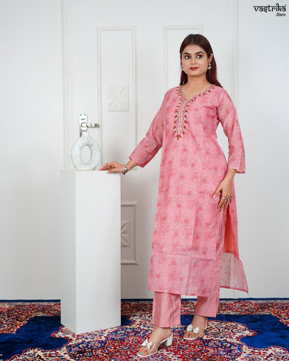 Gajri Chanderi Silk Kurti Set with Banarasi Printed Dupatta