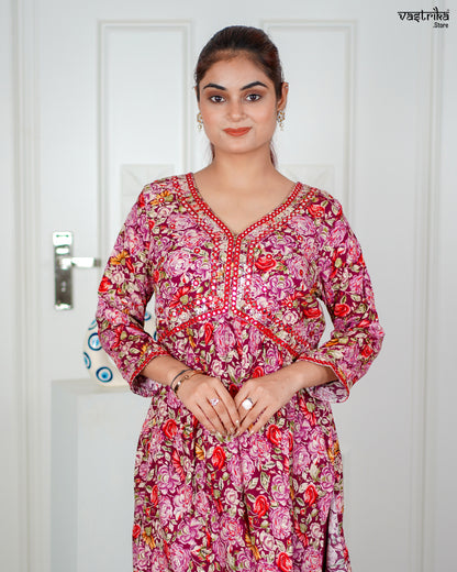 Wine Ryon Cotton Aalia Cut Frock Set with Sequence & Thread Work