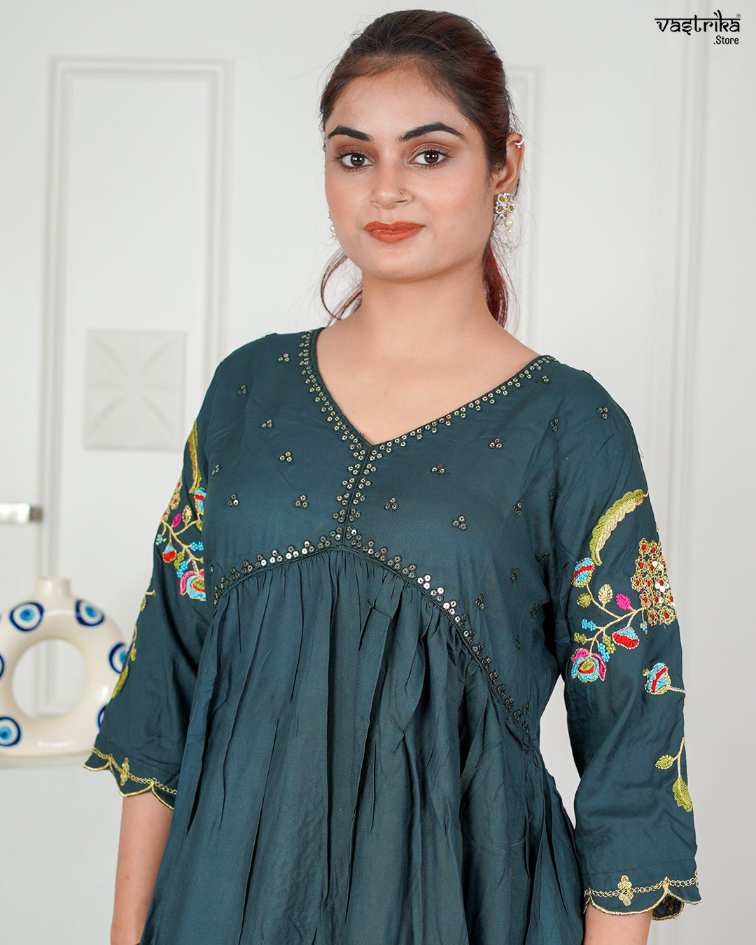 Bottle Green Ryon Cotton Aalia Cut Frock Set with Sequence & Resham Work