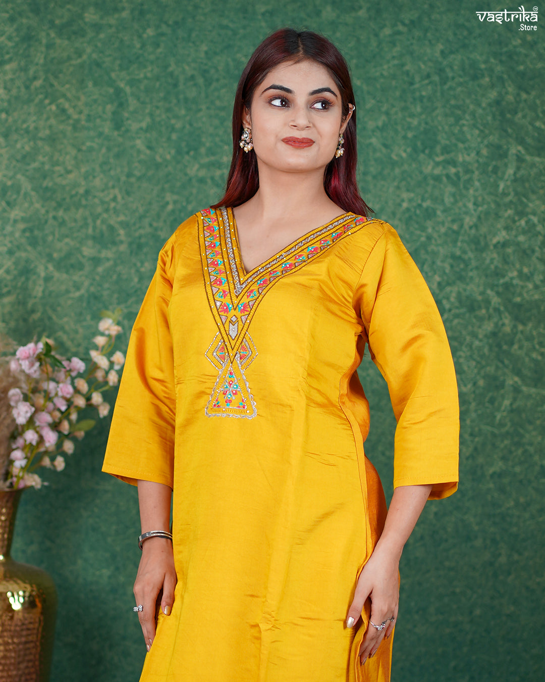 Mustard Roman Silk Kurti Set with Katdana & Thread Work