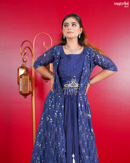 Grey Georgette Crop Top with Skirt and Shrug Set