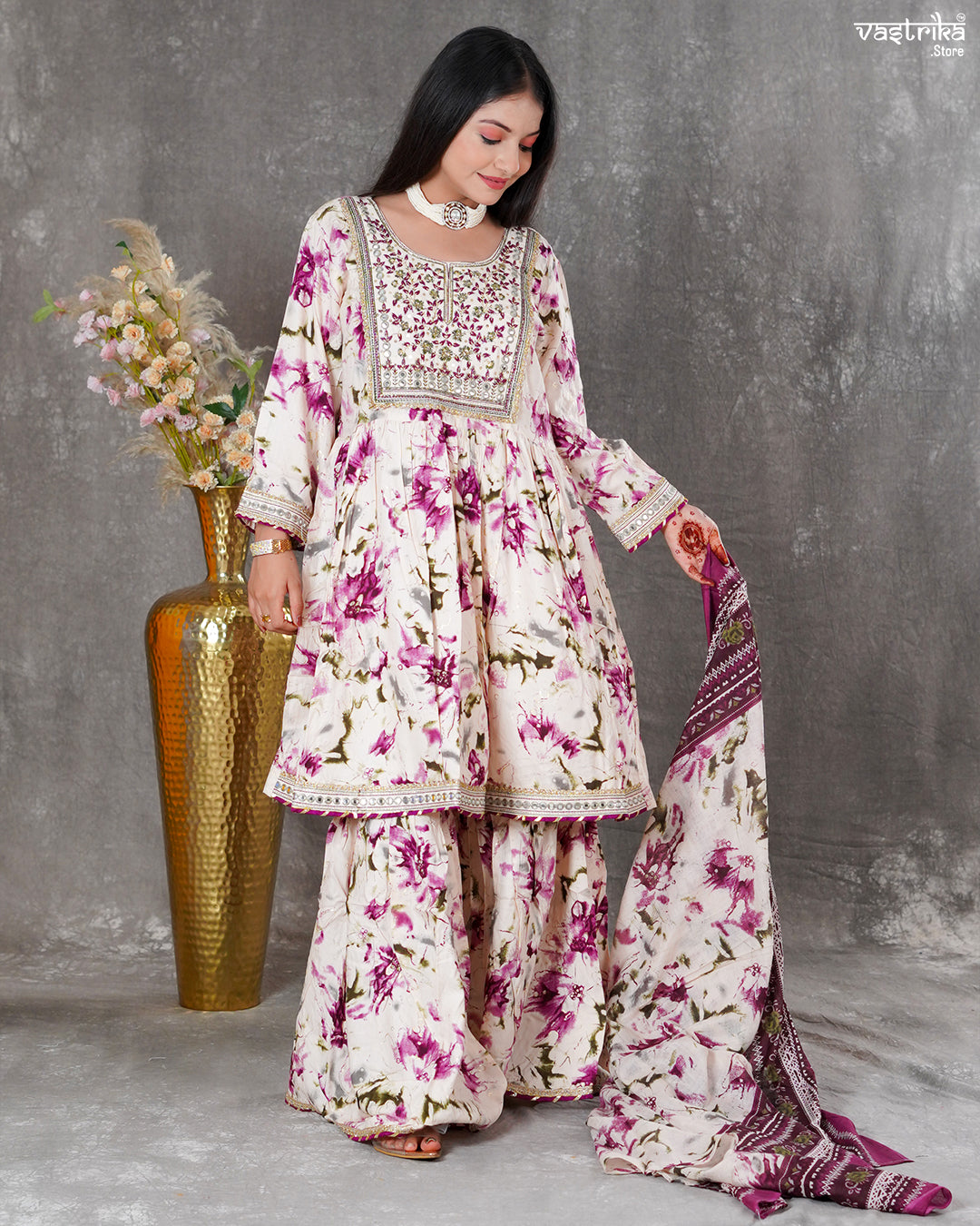 Purple Ryon Cotton Kurti with Sharara & Dupatta