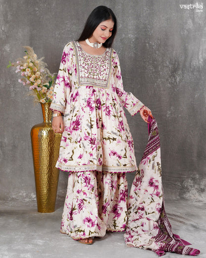 Purple Ryon Cotton Kurti with Sharara & Dupatta