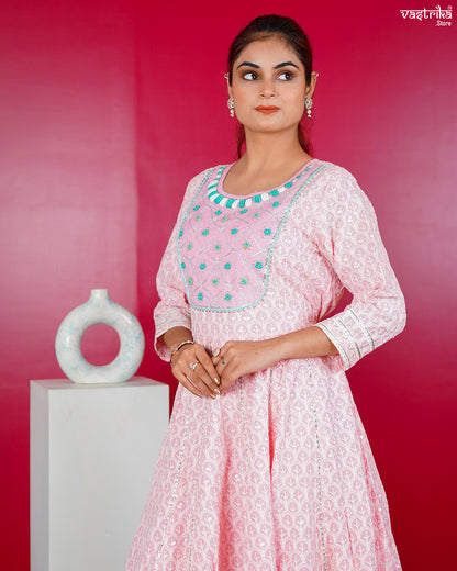 Pink Cotton Frock Set with Lace & Handwork