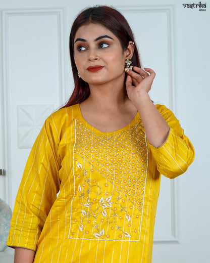Yellow Chanderi Silk Kurti Set with Tie & Dye Dupatta
