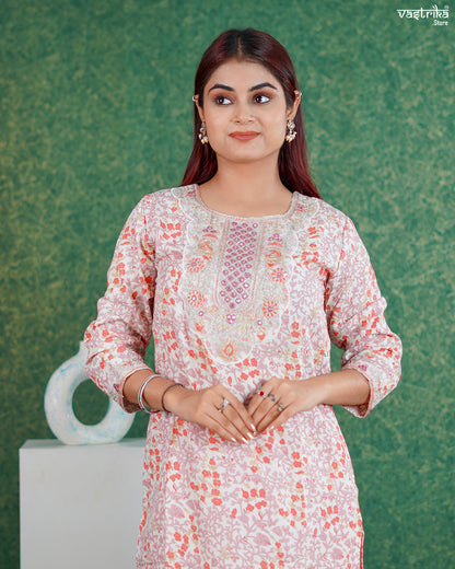 Orange Cotton Printed Kurti Set with Jari Work