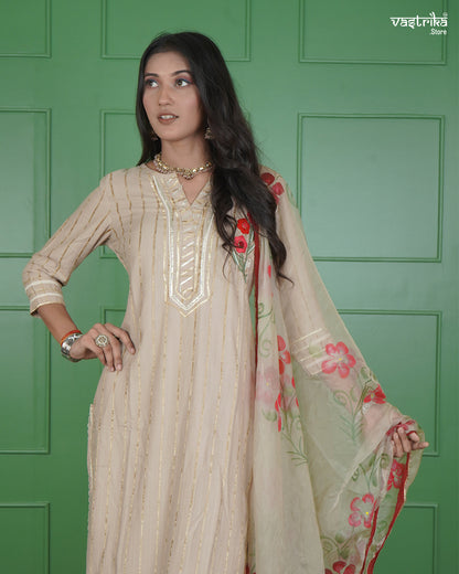 Jari & Handwork Kurti Set with Organza Dupatta