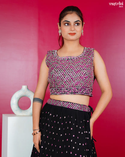 Black Georgette Crop Top with Skirt Set