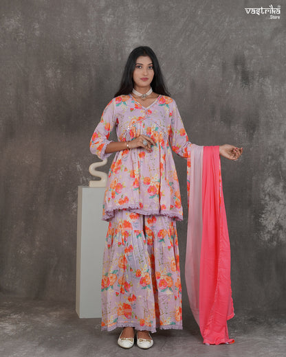 Alia-Cut Kurti & Printed Sharara Set with Resham Work Dupatta